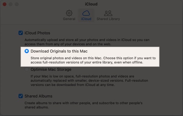 Select download originals to mac option from iCloud