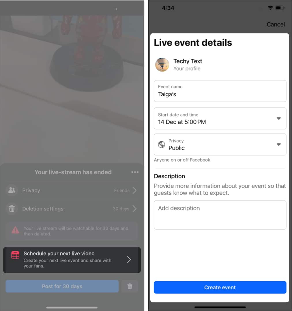 Select schedule your next live, fill details, tap create event