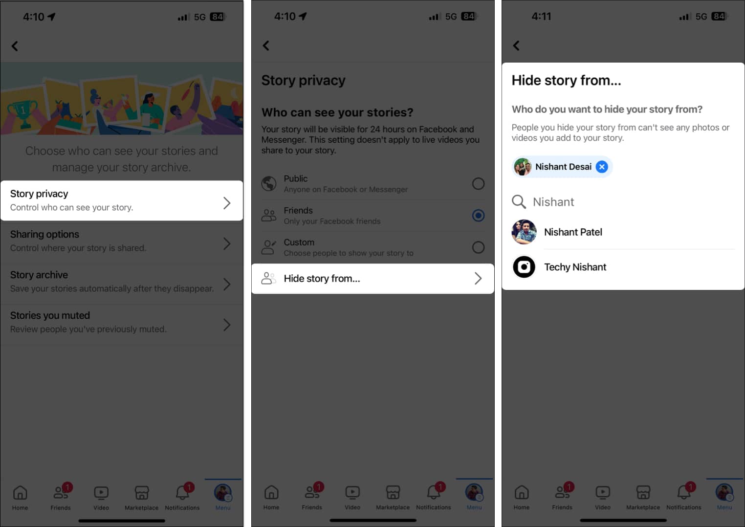 Select story privacy go to hide story from add account names