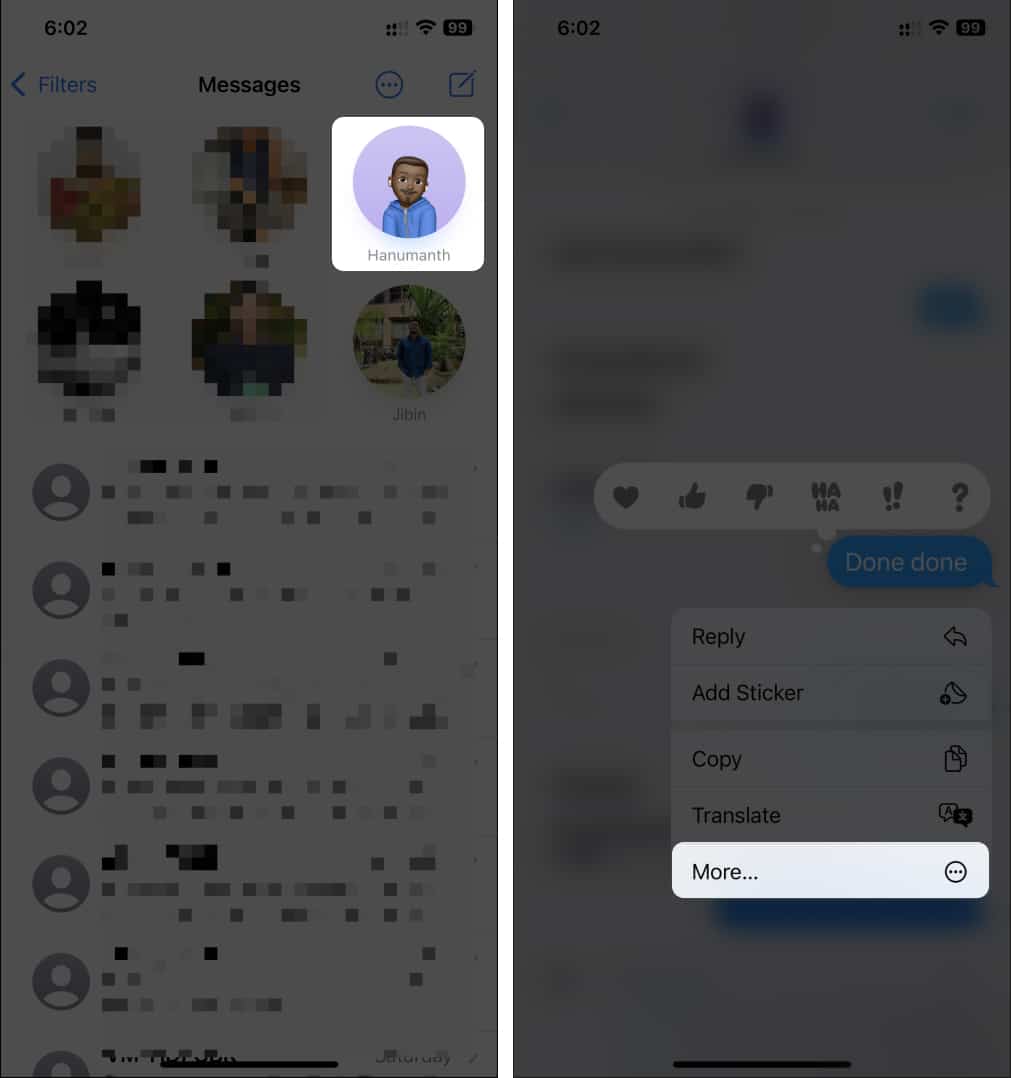 Select the conversation and message to forward in iOS