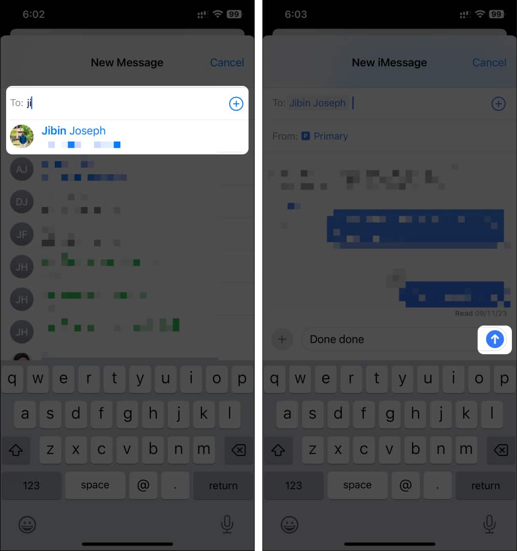 Select the conversation to forward to and tap the Send option next to message