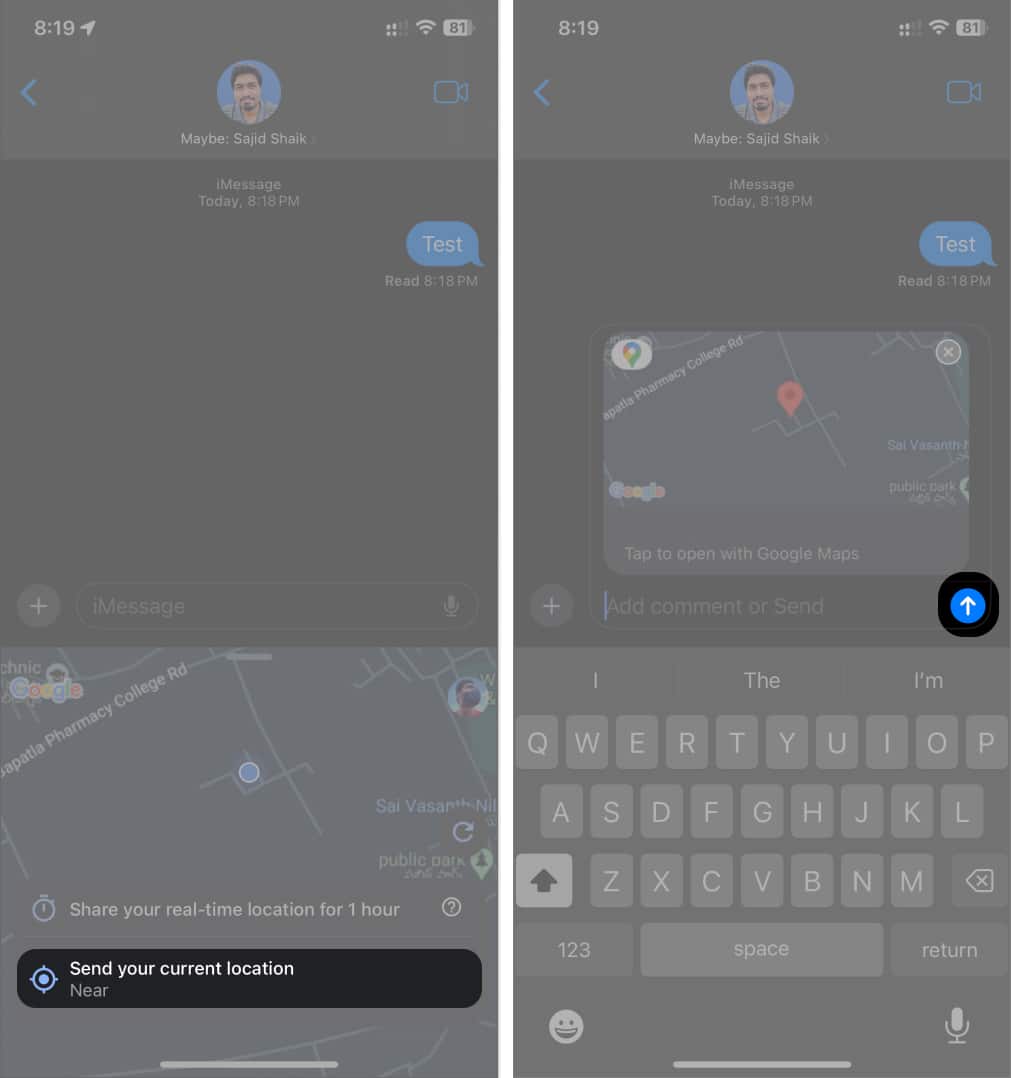 Sending your current location in iMessage with Google Maps
