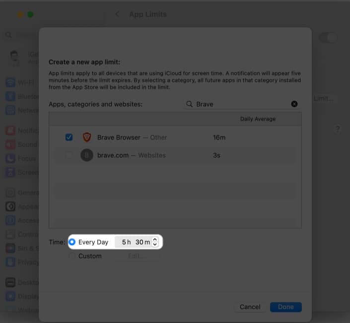 Set a timer for everyday in screen time in system settings