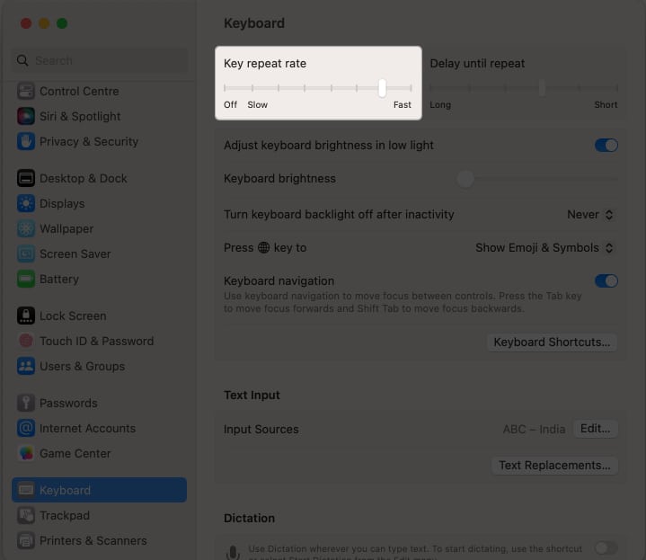 Set up the key repeat rate in settings