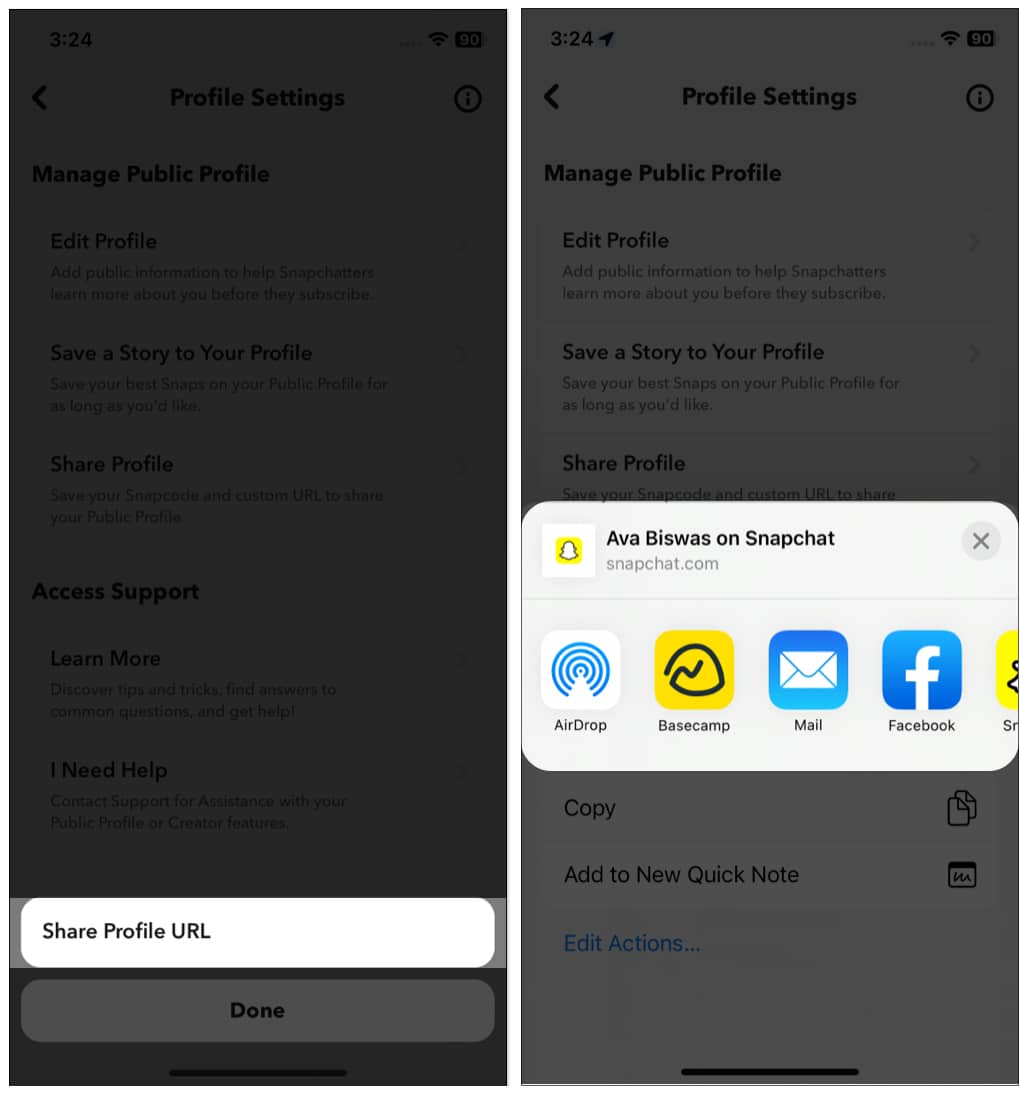 Share Snapchat Public Profile on iPhone