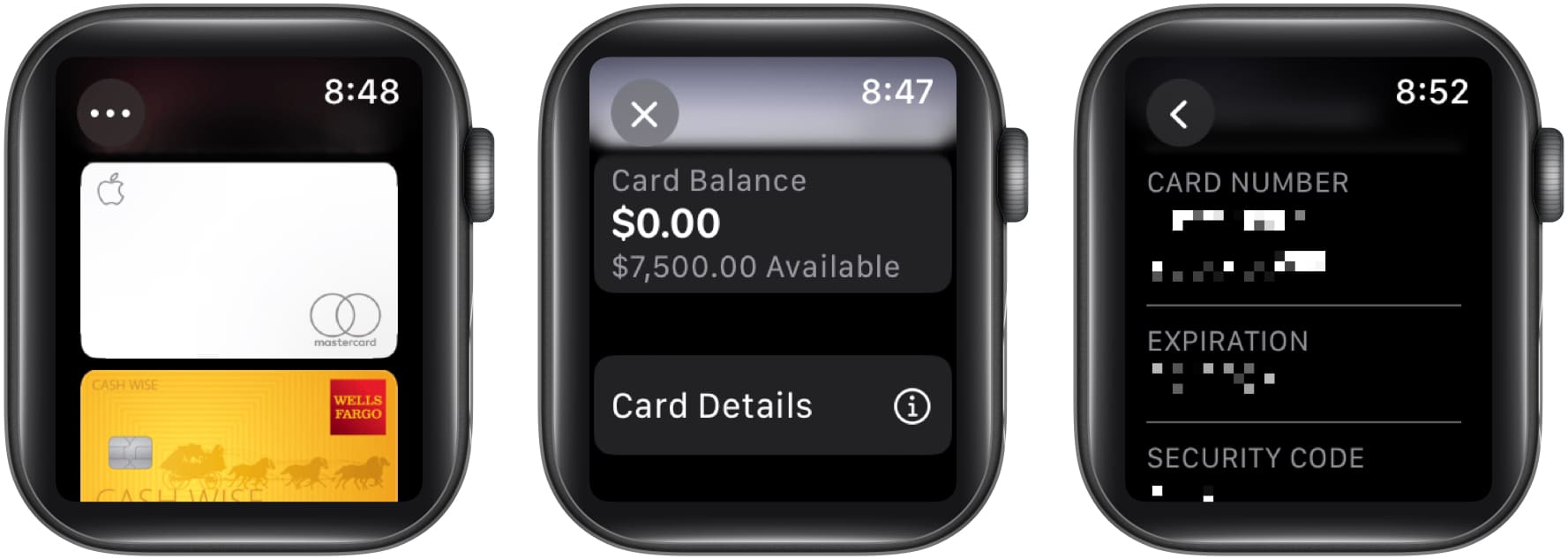 Langkah-langkah untuk melihat nombor Kad Apple dan butiran pada Apple Watch