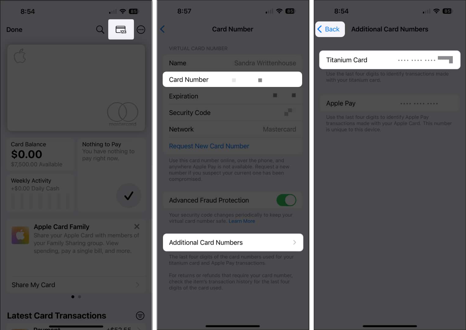 Lépések az Apple kártya adatainak megtekintéséhez iPhone készüléken