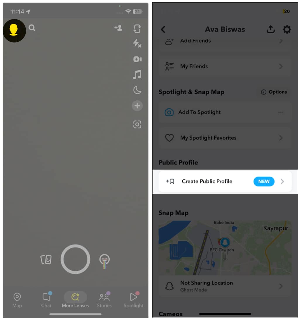 Tap Create Public Profile in Snapchat iOS app