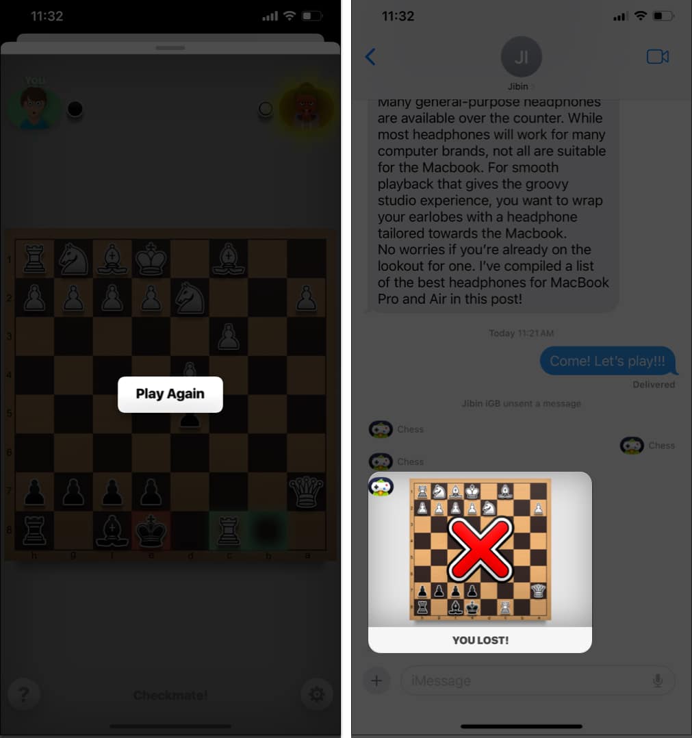 Tap Play Again, assess the match in iMessage