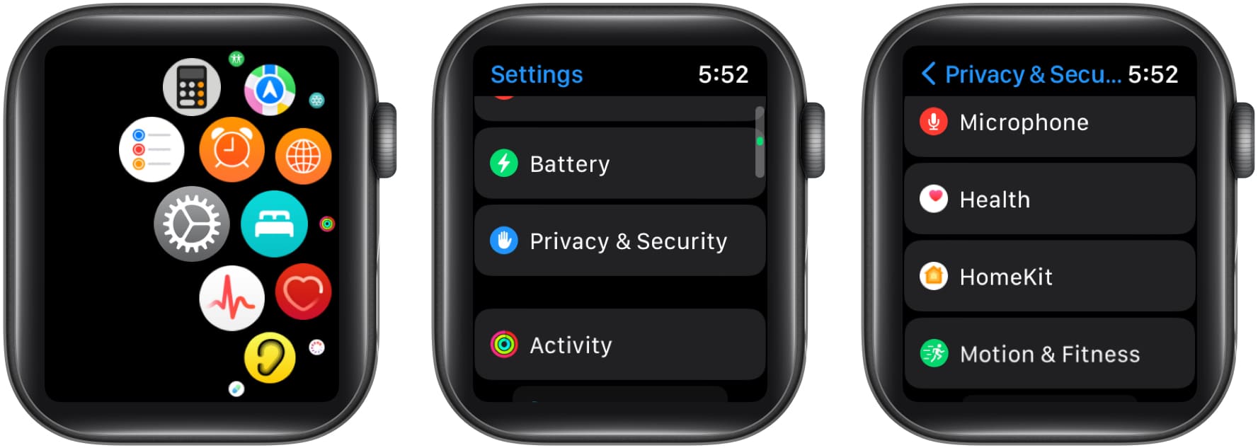 Tap Privacy and Security, select Health on Apple Watch
