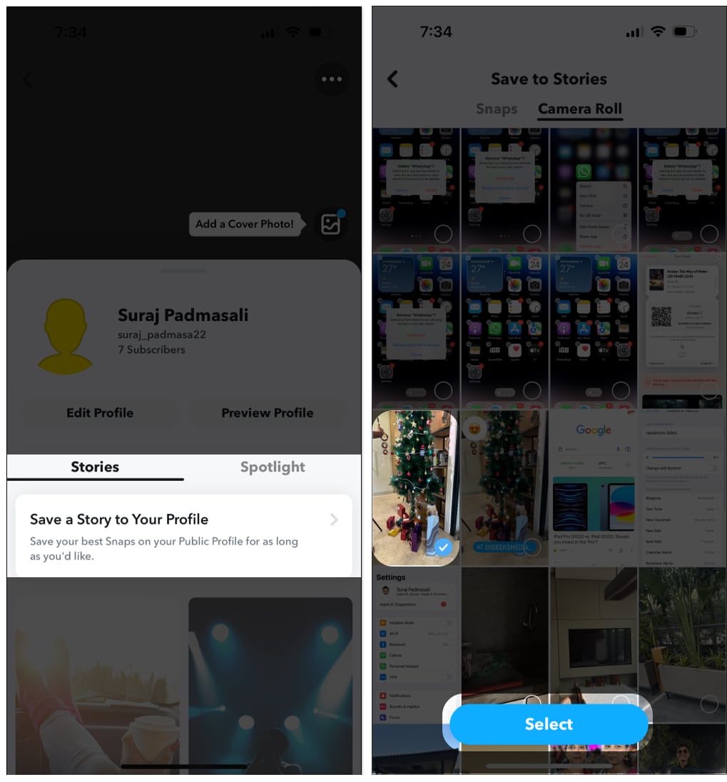 Tap Save a Story to Your Profile and choose a snap, and Select on Snapchat