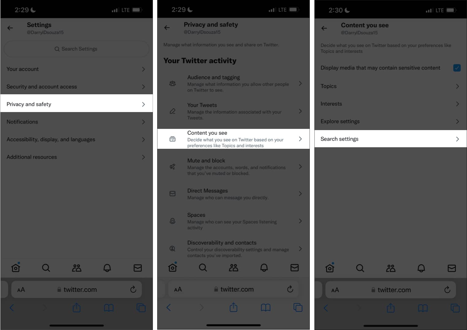 Tap Search settings to enable Sensitive Content on Twitter