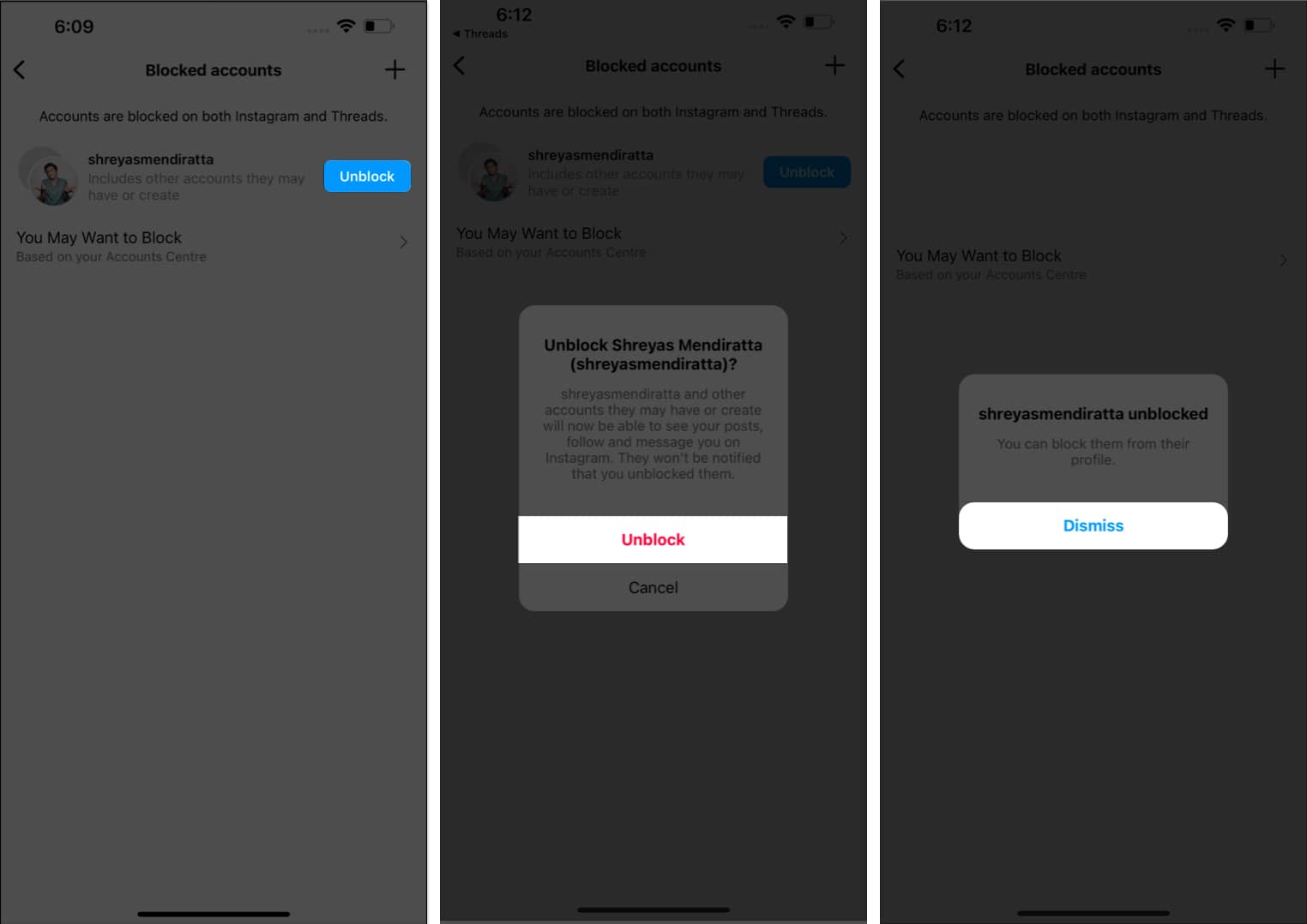 Tap Unblock, Unblock, Dismiss in Threads