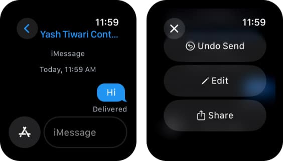 Tap and hold message and select Share option in watchOS