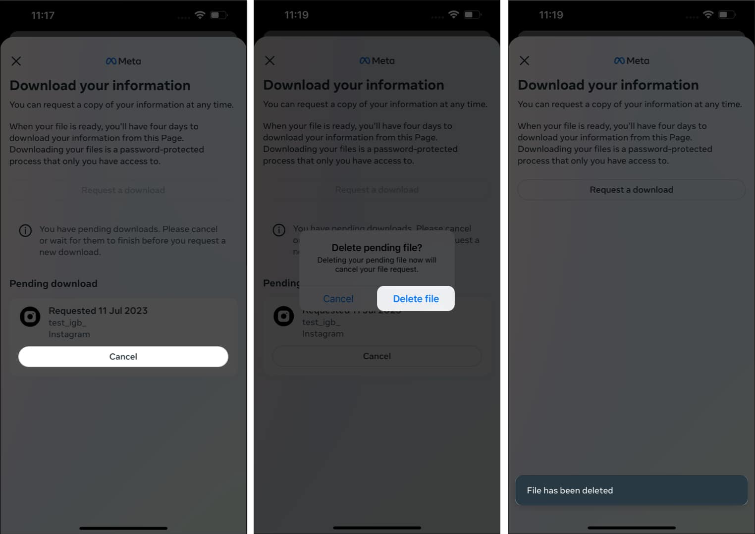 Tap cancel, Delete file in Instagram