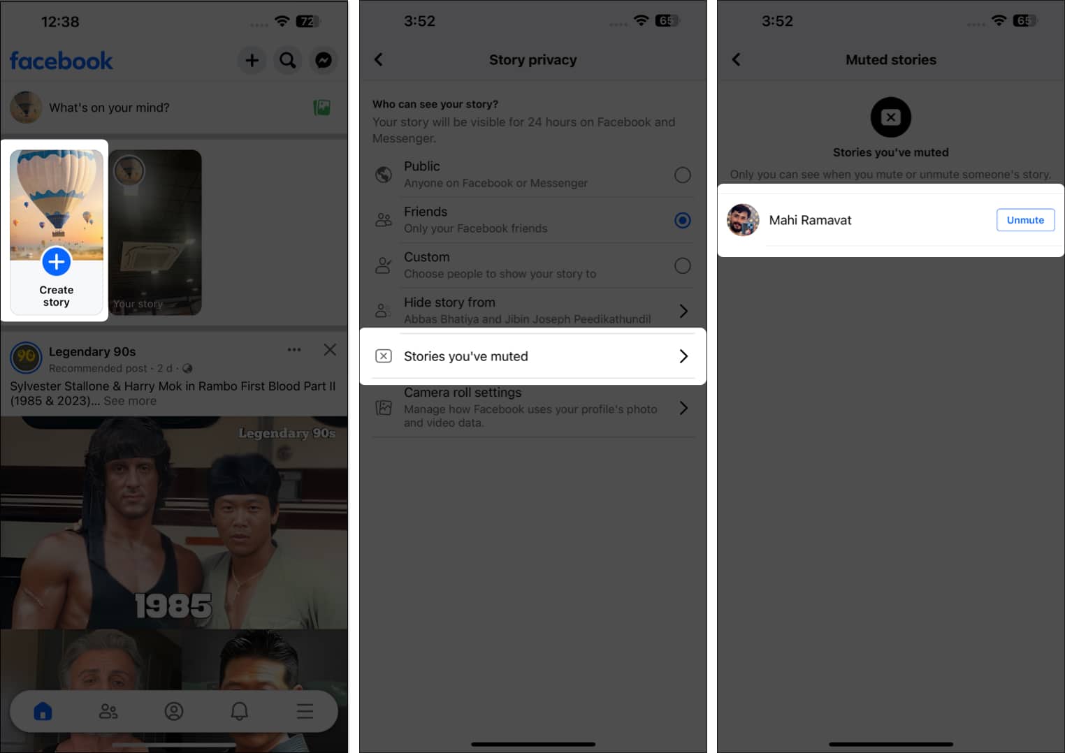 Tap create story visit settings select stories youve muted choose unmute against the user account