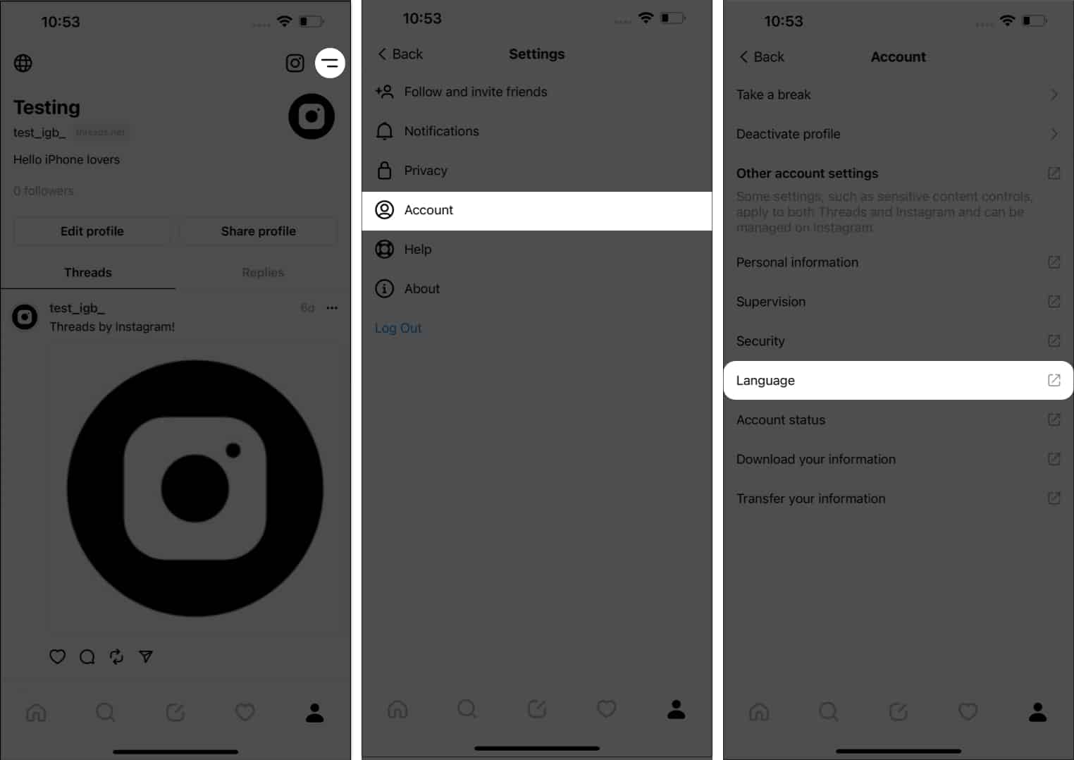 Tap menu icon, account, language in Threads