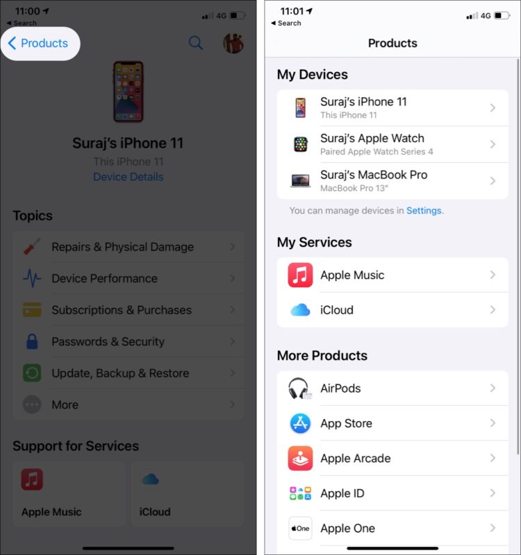 Tap on Products Back button to see all your registered Apple devices