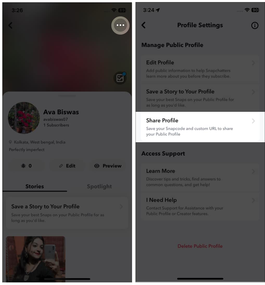 Tap on Three dot and Share Profile on Snapchat iOS app