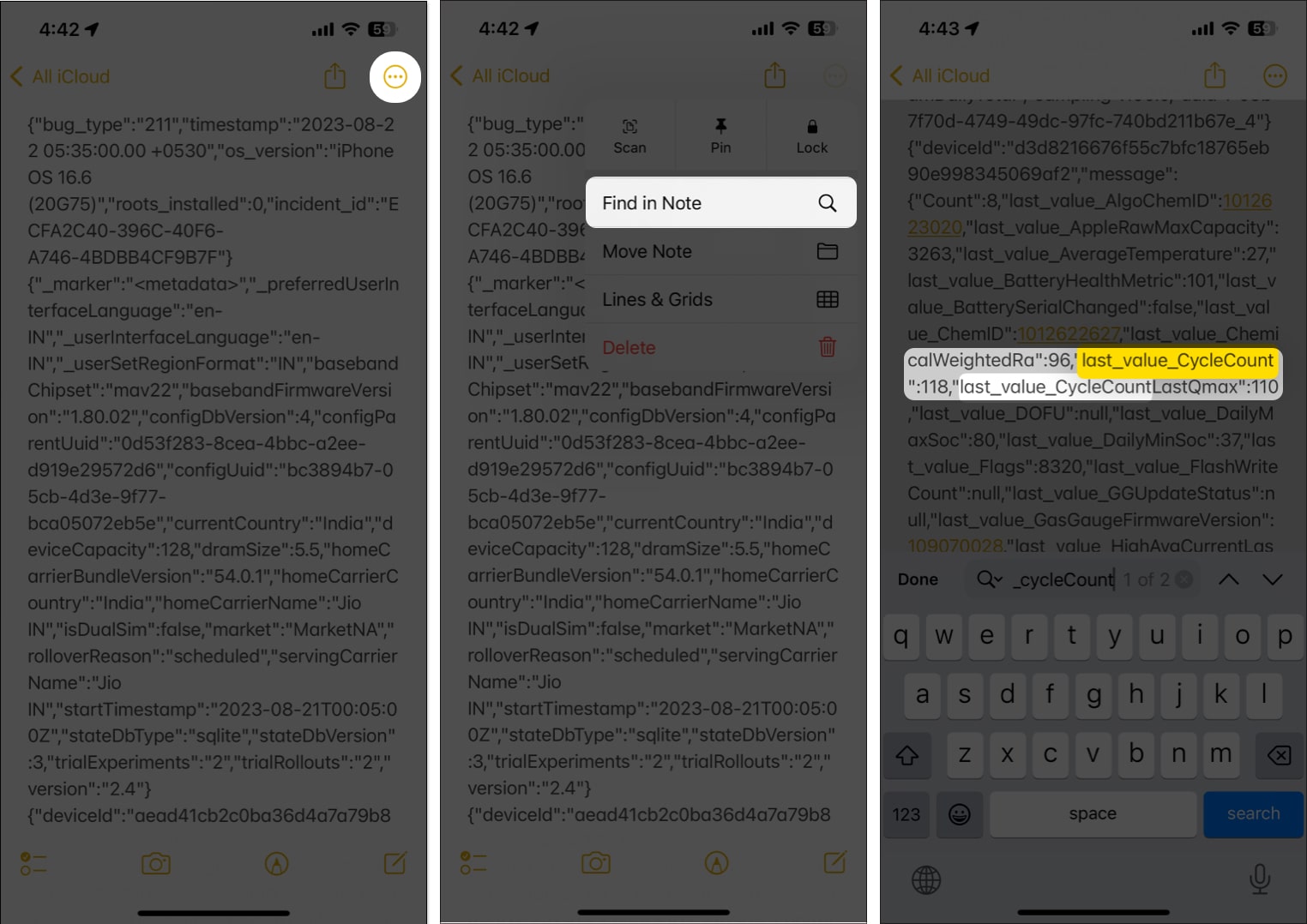 Tap three dots icon, slect Find in notes and look for last_cycle_count