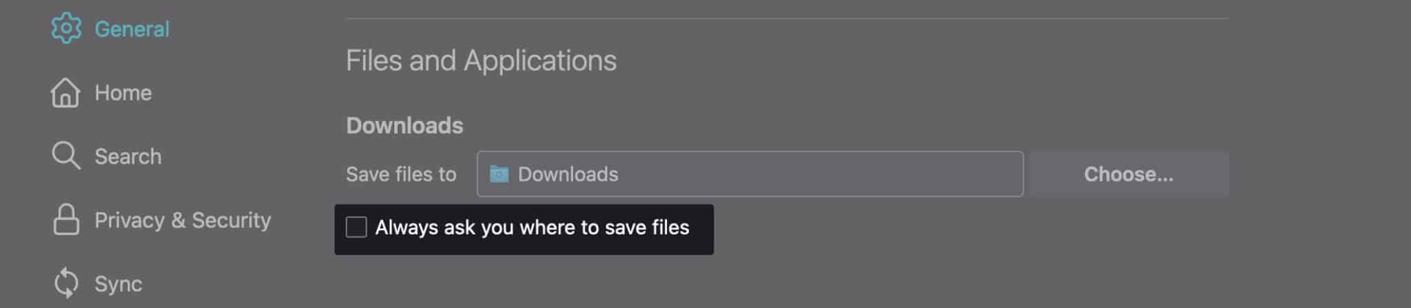 Tick Always ask you where to save files in Firefox on Mac