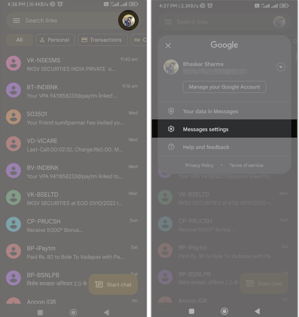 To disable RCS on Android Open Messages App Click Avtar App tap on Message Settings