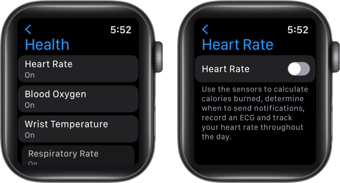 Toggle off Heart Rate on Apple Watch