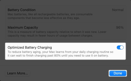 Toggle on Optimized Battery Charging
