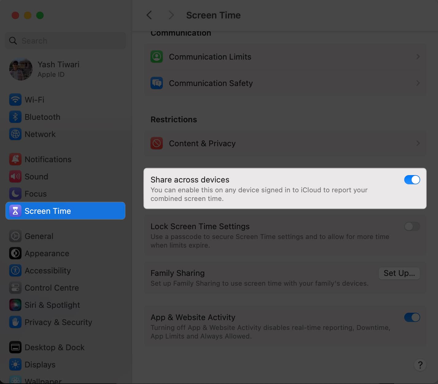 Toggle on Share across devices in Screen Time