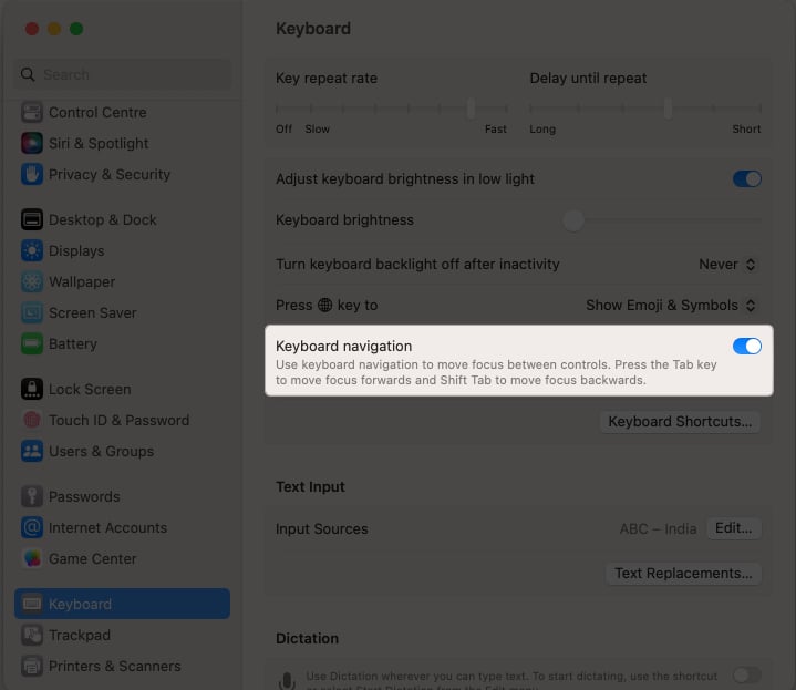 Toggle on keyboard navigation from keyboard settings