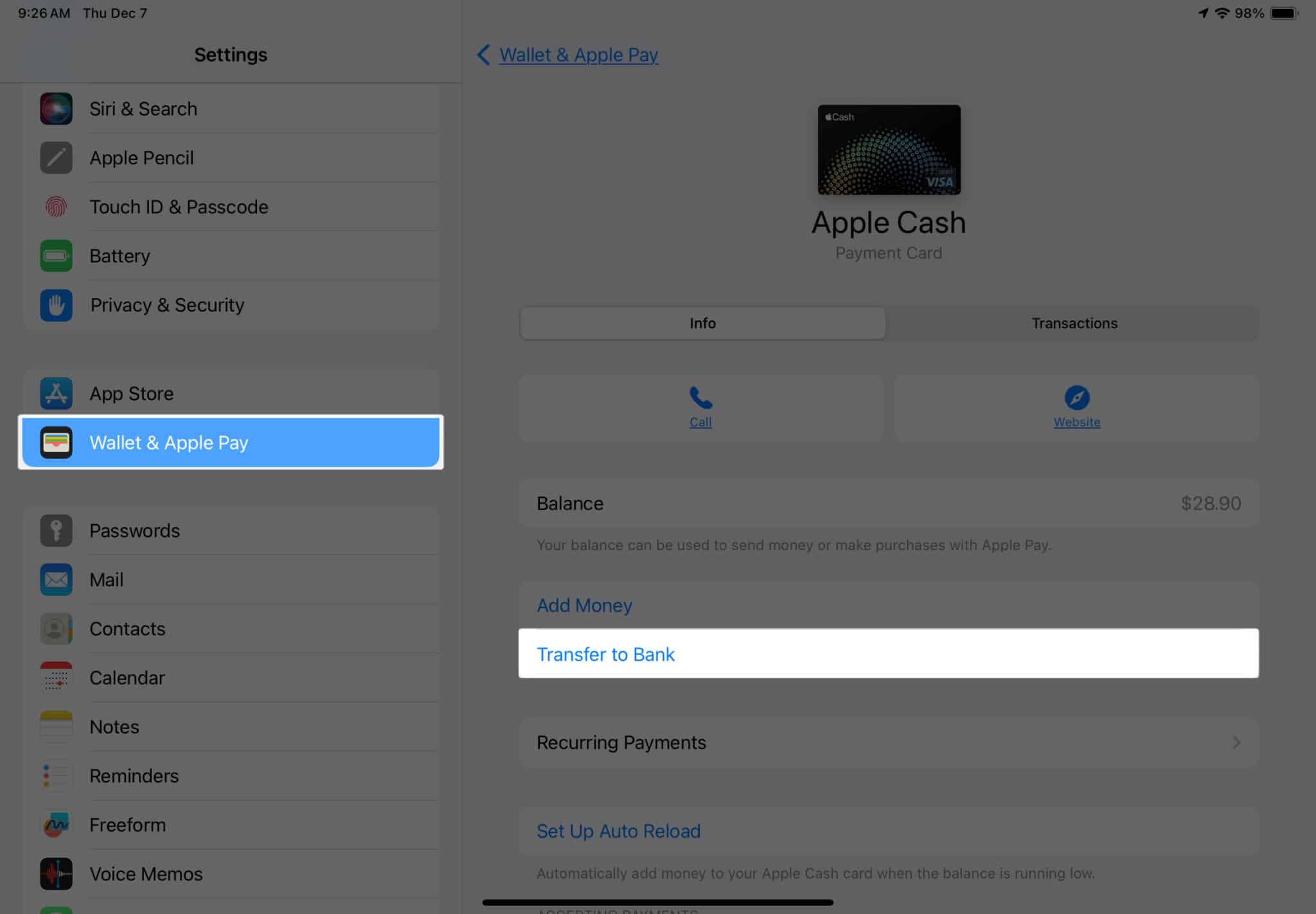 Transfer Apple Cash to bank account on iPad
