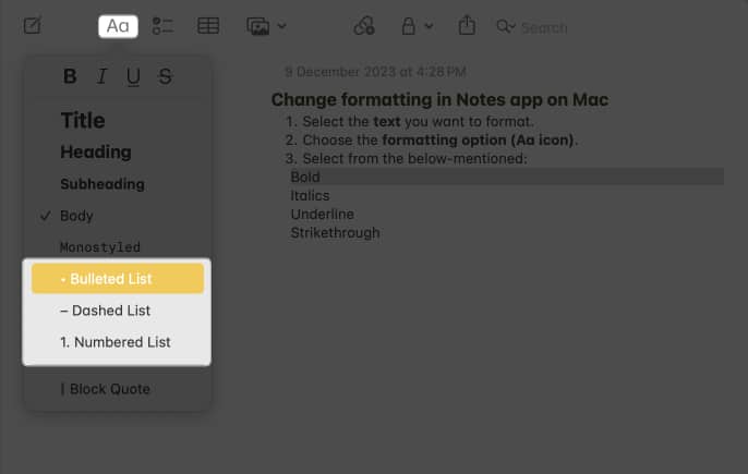 Use bulleted list to format the list