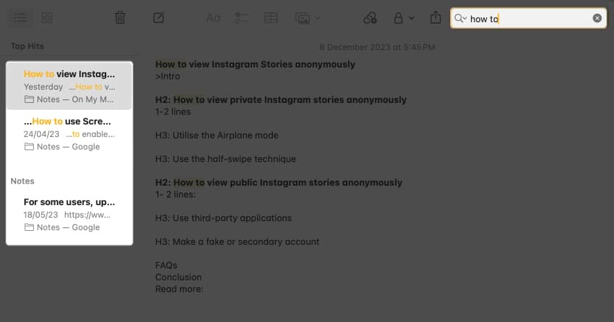Use the search function in notes
