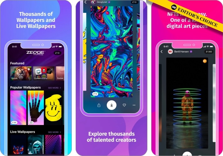 Screenshots of ZEDGE wallpapers iOS app 