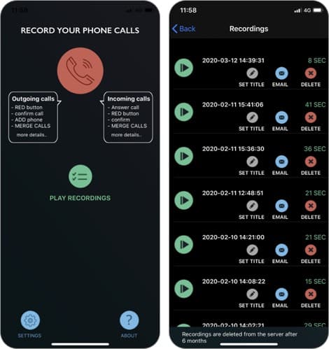 callrec lite intcall iphone call recorder app screenshot