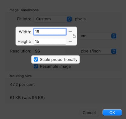 change width, height, check scale proportionally, click ok in image preview