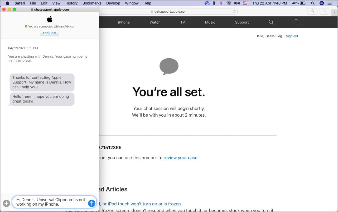 Chatting with Apple Support Representative