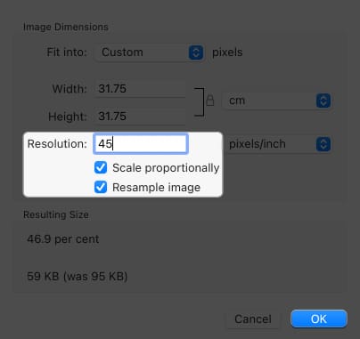 check resample image, write a small resolution in image size