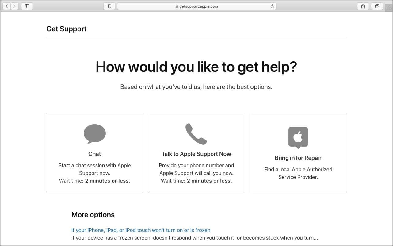 Choose Chat to connect with Apple Customer Care Person