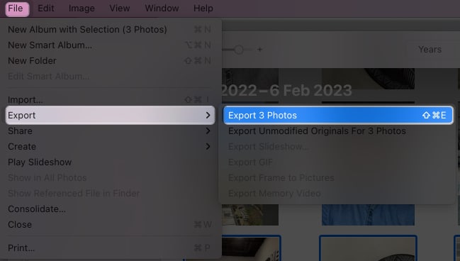 click file, select export, click export photos in photos