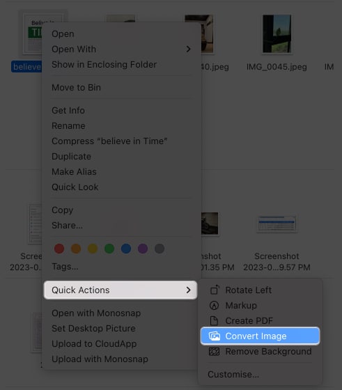 click quick actions, select convert to image in preview