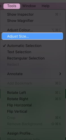 click tools, select adjust size in preview