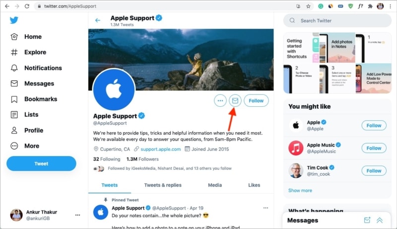 Contact Apple Support by sending Twitter DM