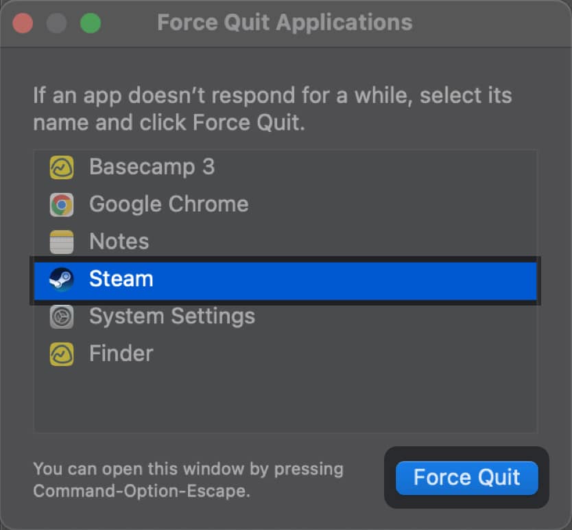 Force Quit Steam app