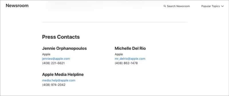 Media or press contact numbers from Apple Newsroom