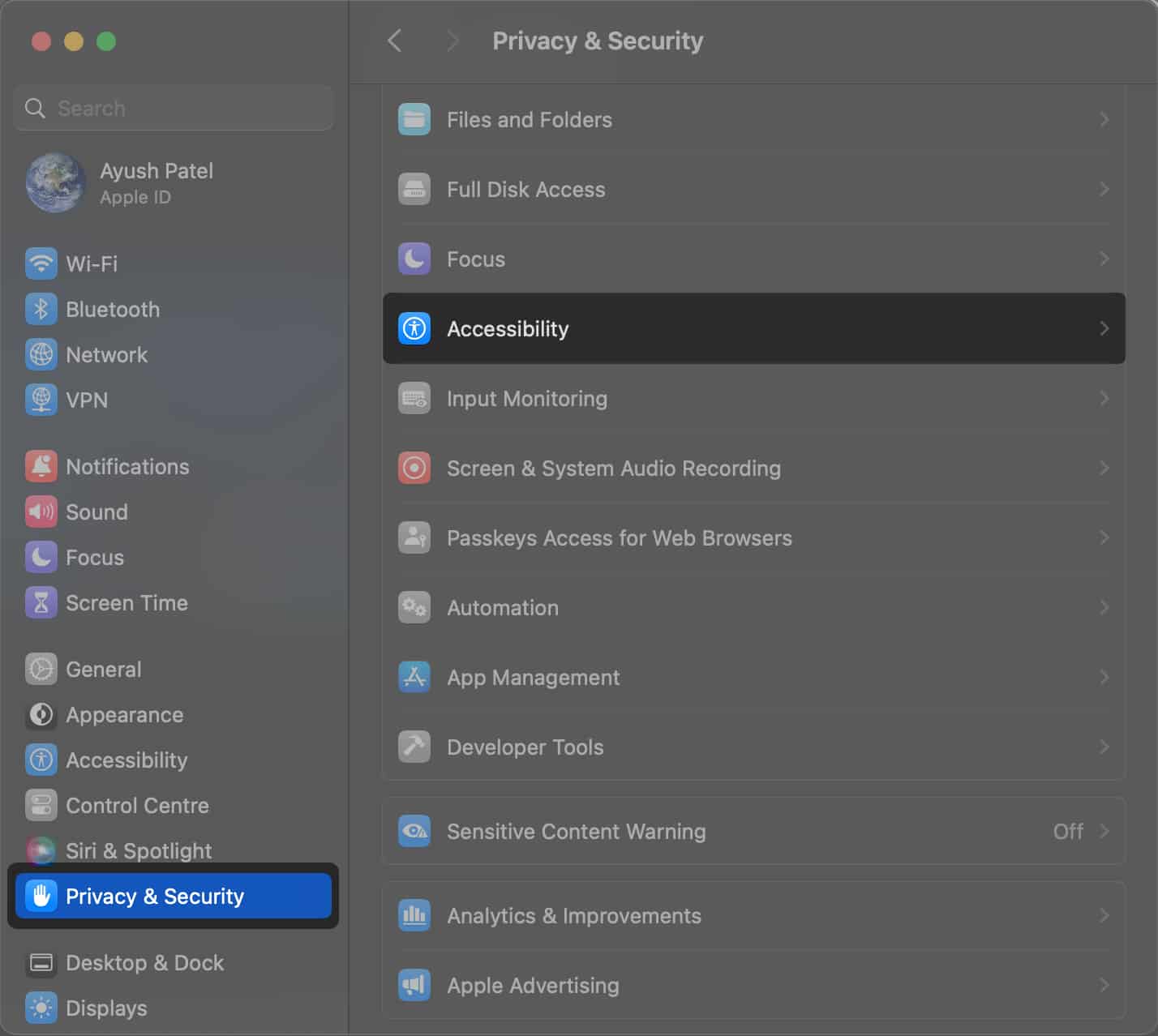 navigate to Privacy  Security and select accessibility