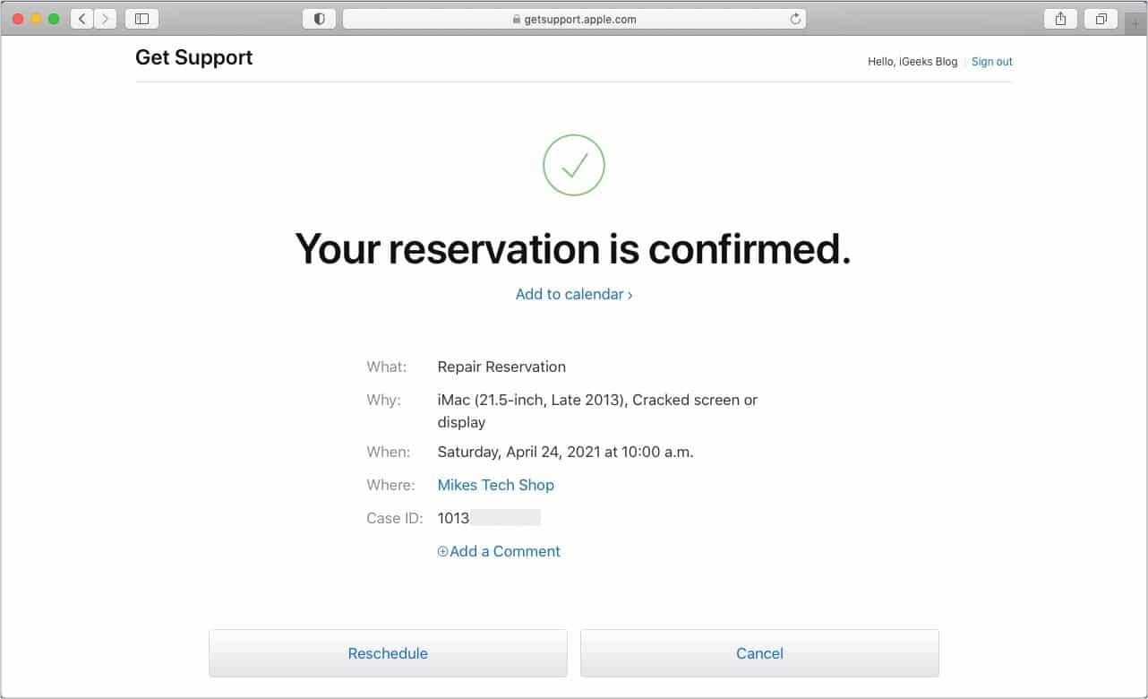 Reservation confirmed at Apple Store
