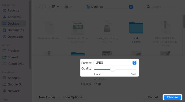 select format as jpeg, adjust quality, click choose in photo export