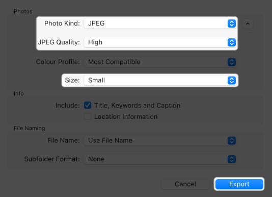 select photo kind as jpeg, jpeg quality as high, image size as small, click export in image export