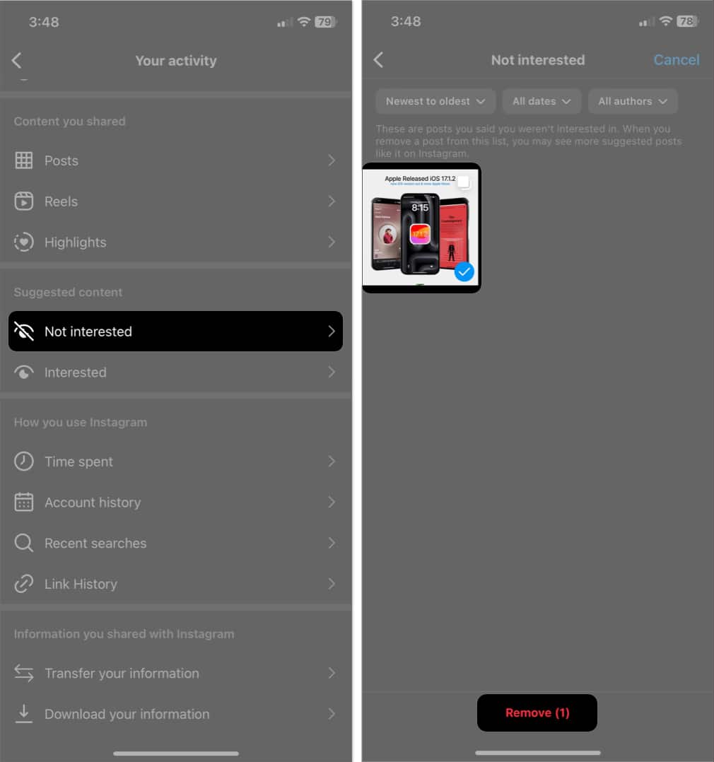 tap not interested select the post hit remove in instagram